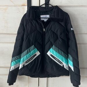 Obermeyer Women's Black Ski Jacket with Teal and White Stripes